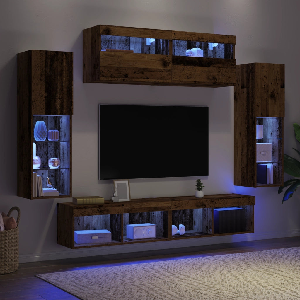 Set di 8 UnitÃ  Muro TV con LED Legno Antico Legno Ingegnerizzato