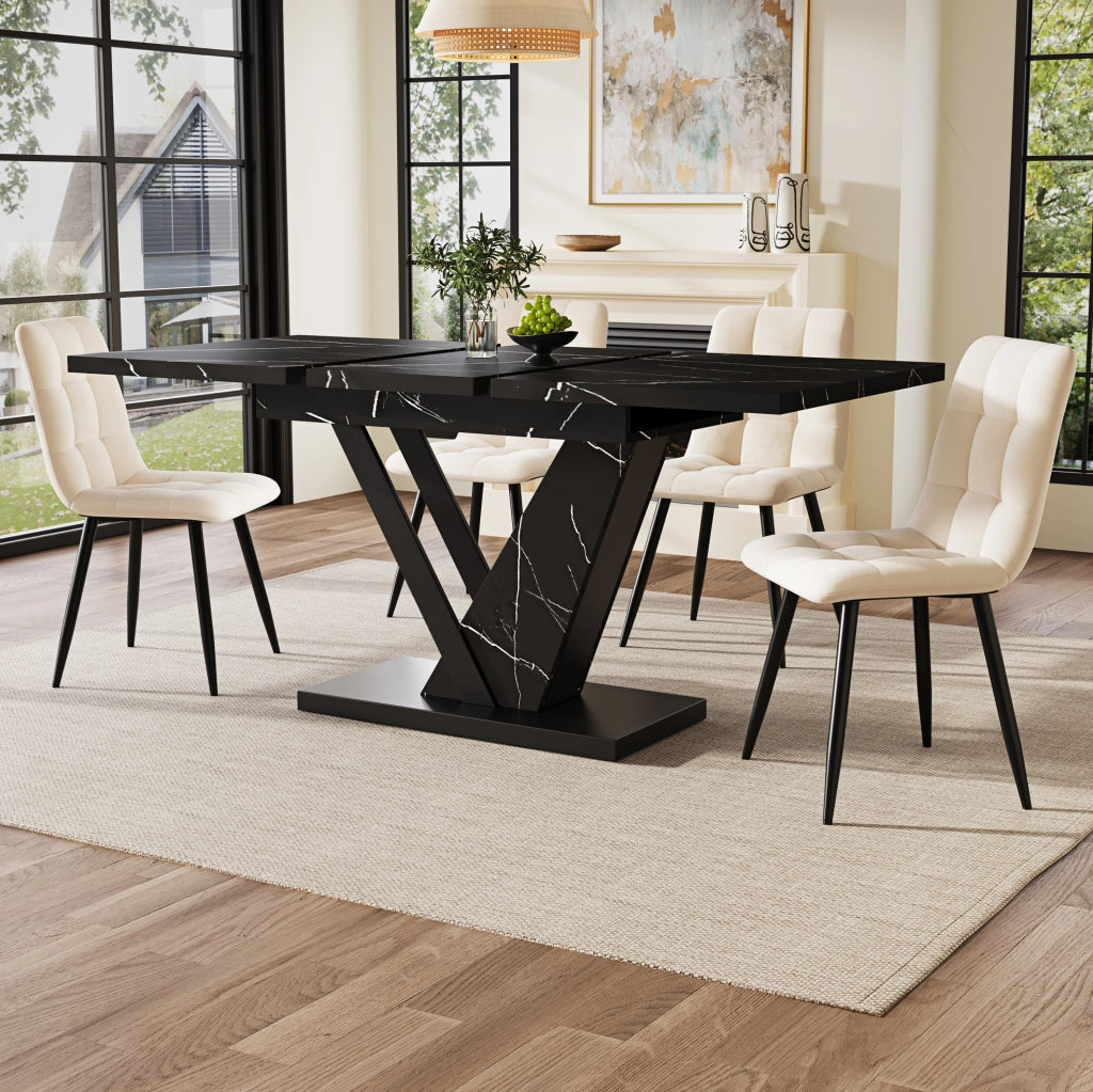 Tavolo da pranzo allungabile 120x75x75.5 cm; design telescopico con piano marmorizzato; MDF e metallo nero