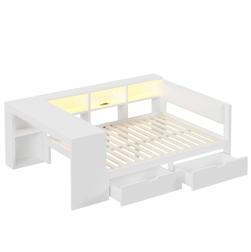 Letto 140x200 cm con contenitore; presa USB e LED in MDF; compensato; lino bianco
