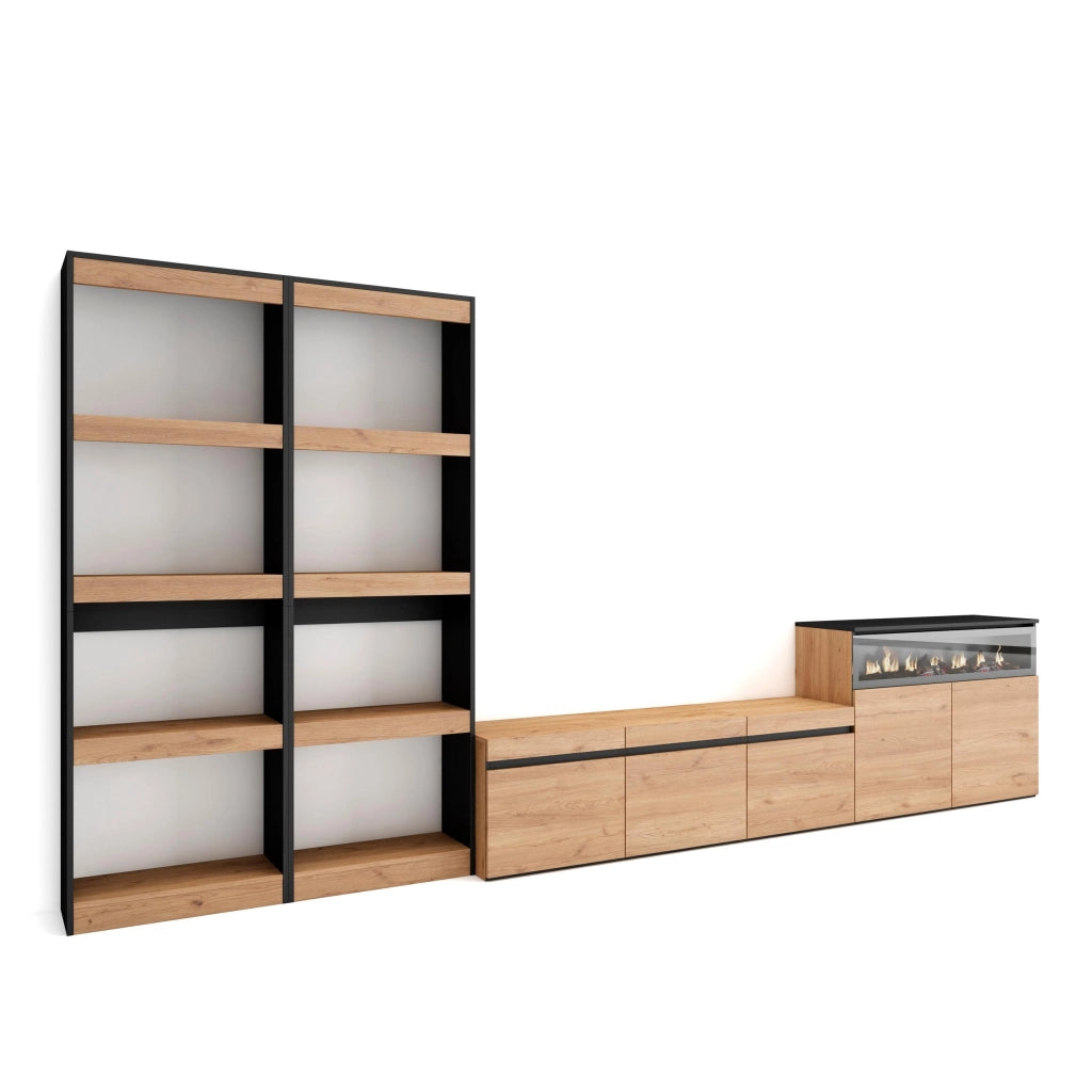Mobile TV, Soggiorno, 370x35x186cm, Per TV fino a 65", Camino elettrico, colore Rovere e nero RF3183