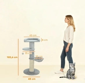 Albero tiragraffi per gatti con sisal, piattaforme multilivello e tessuto felpato, grigio chiaro