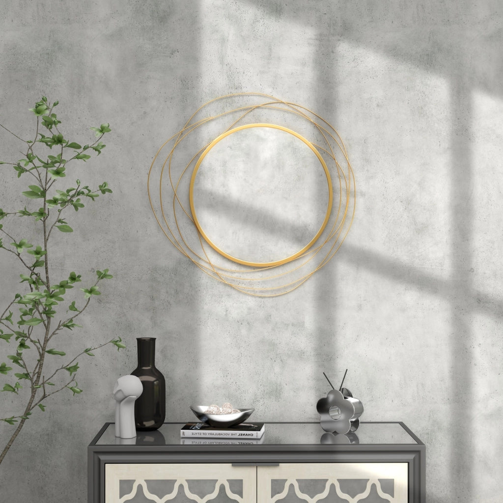 Specchio Moderno e Rotondo Decorativo a Muro con Ganci Ø65x1 cm in Vetro e Metallo Oro