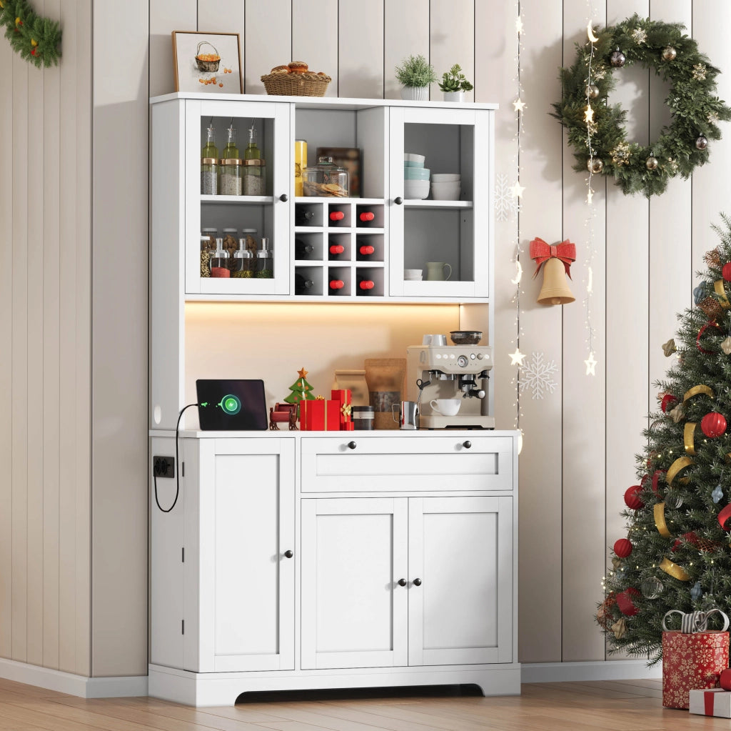 Credenza alta con LED RGB, prese USB e AC, ripiani regolabili e vetrine in vetro temperato, 180 cm