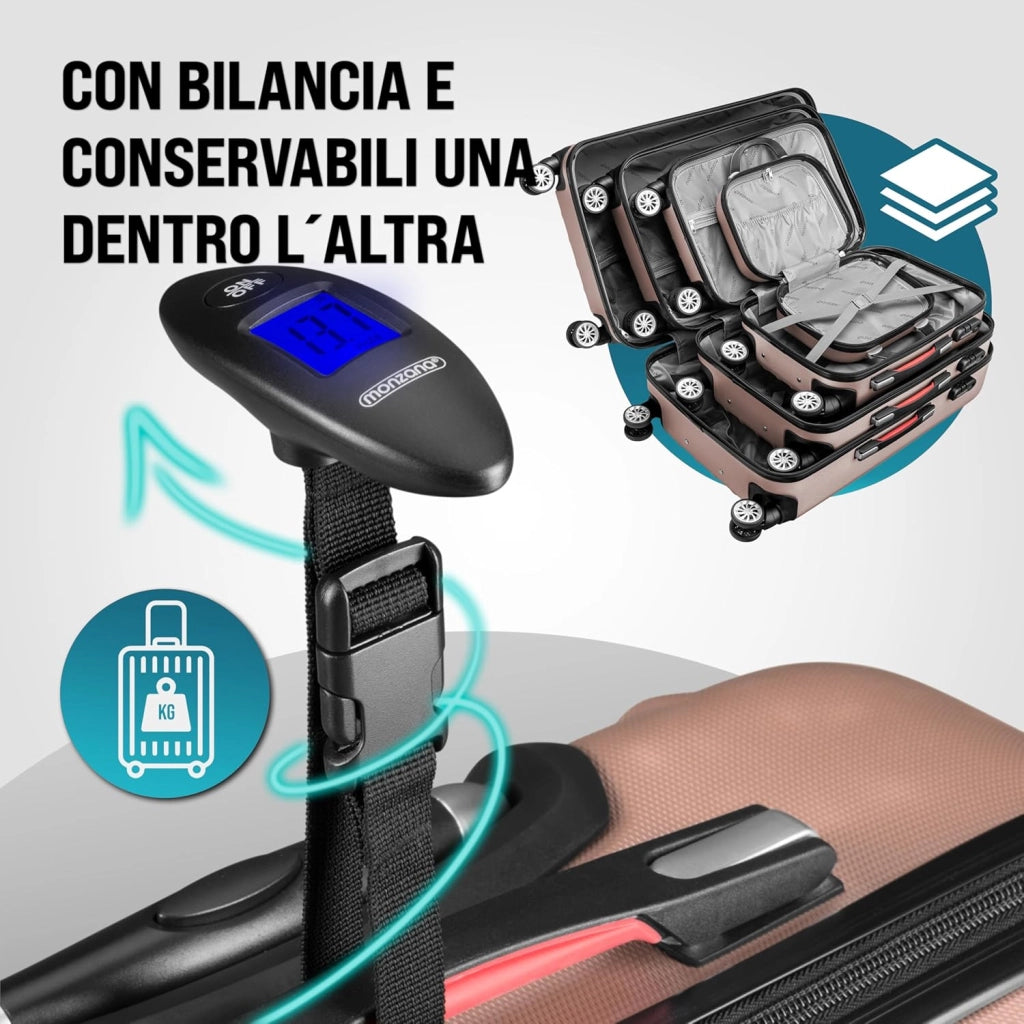 Set Valigie Rigide 4pz con Beauty Case incl. Lucchetto Organizer Bilancia Trolley Bagaglio Rosa
