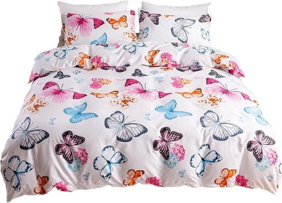 Set di coperte da letto con disegno farfalle - 200 x 200 cm - 3 pezzi - Microfibra - Copertina da letto 200x200 cm - 2 cuscini 80x80 cm con chiusura a ritsel