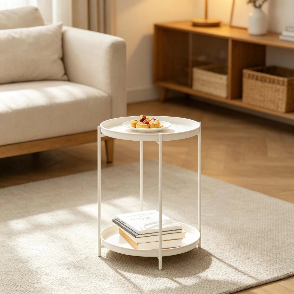 Tavolino basso rotondo con 2 ripiani rimovibili in metallo per soggiorno e camera da letto bianco crema 44 × 44 × 53 cm