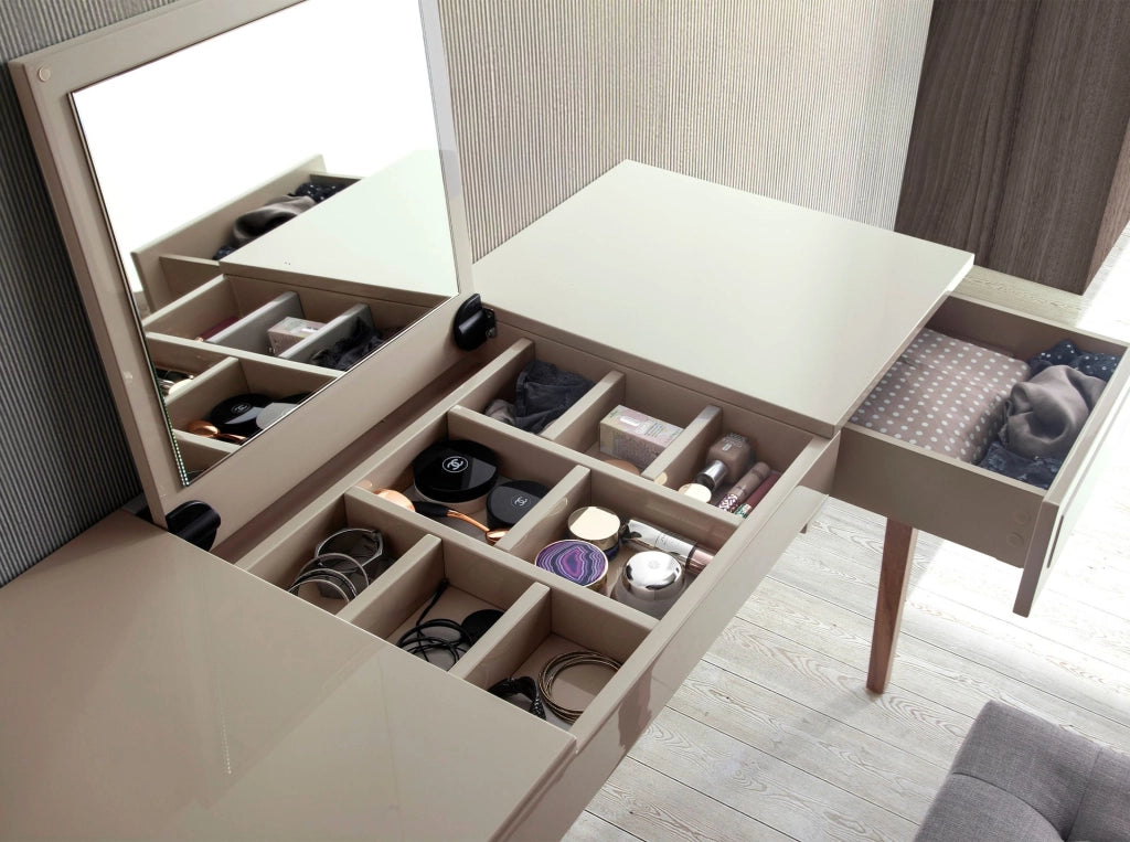 Comodino in legno grigio e noce con specchio