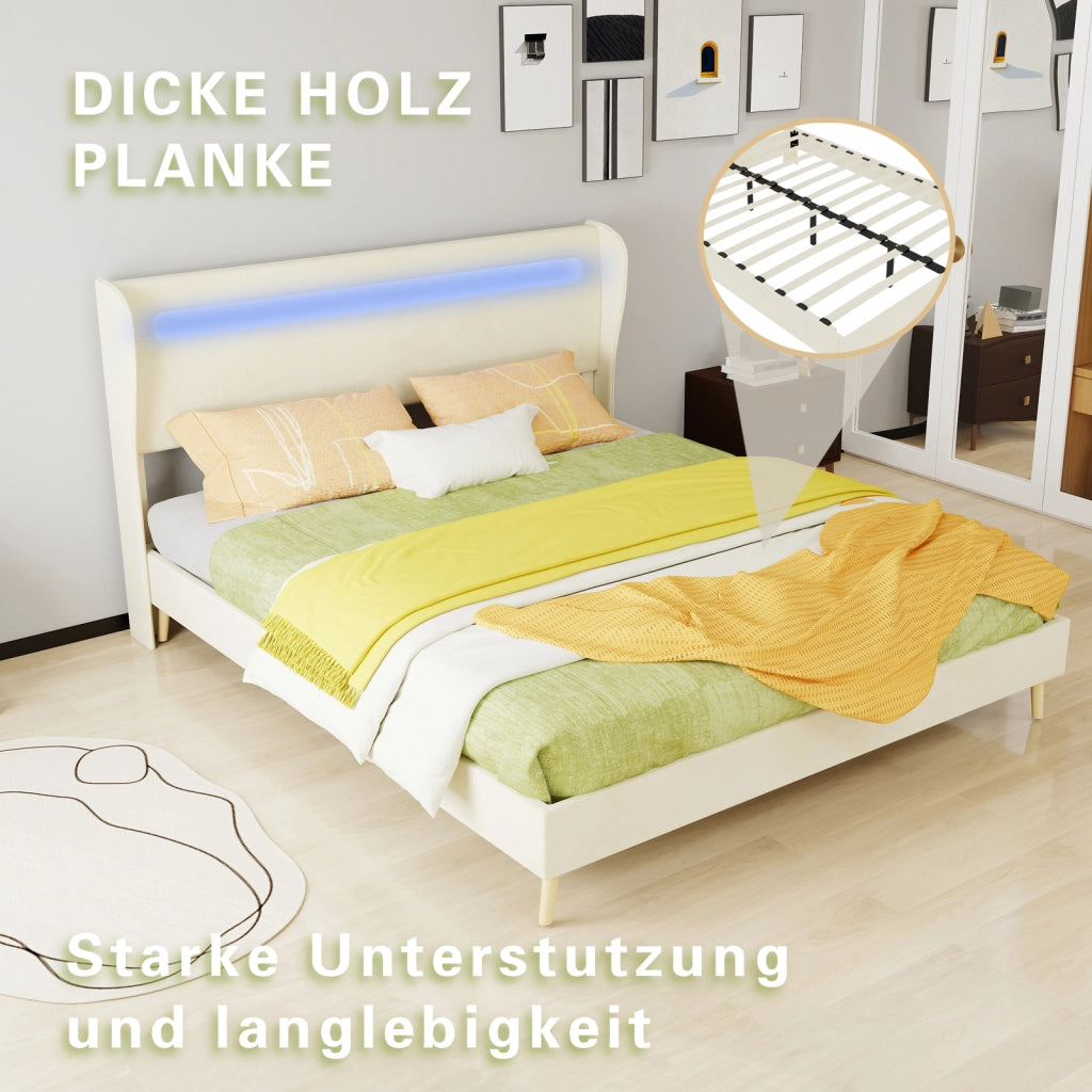 DESMIU Lit simple 160 × 200 cm con LED regolabile e schienale regolabile, senza materasso, in tessuto, beige
