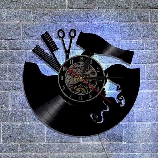 Orologio da parete in vinile, con tema capsalona e luce LED notturna, orologio da parete ideale per il salone di bellezza
