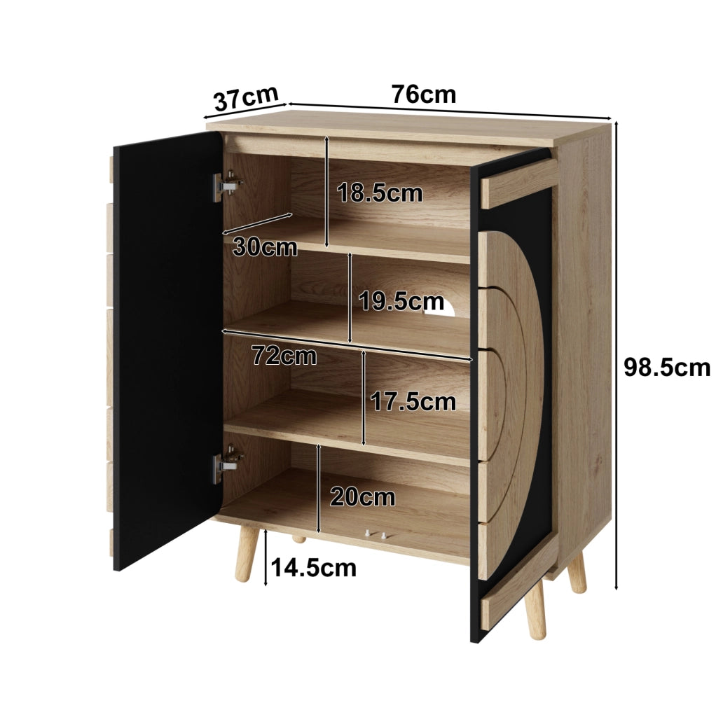 Scarpiera moderna con ante geometriche rotonde; 76 x 37 x 98;5 cm; nero in MDF