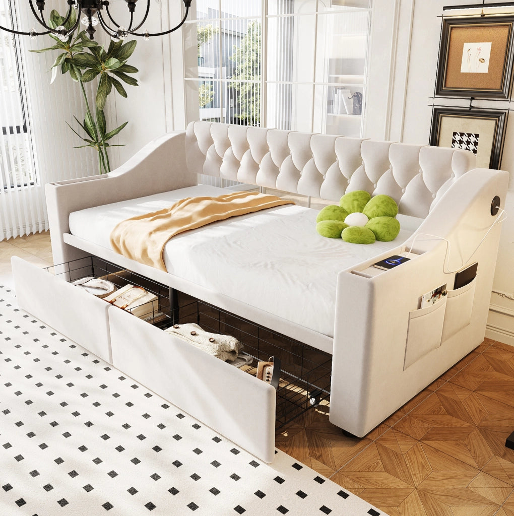 Letto imbottito 90 x 190 cm con USB, cassetti e braccioli beige