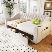 Letto imbottito 90 x 190 cm con USB, cassetti e braccioli beige
