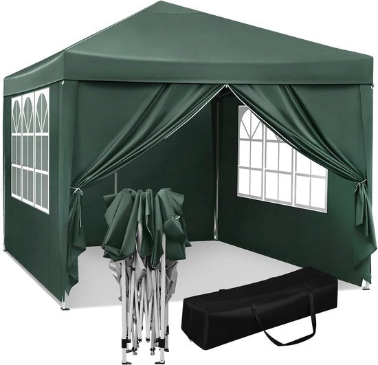 Tenda per feste, tenda acquatica, tenda pieghevole con zonatura, tenda per esterni con pareti laterali, tenda per giardino, terrazza, campeggio, festival, tenda a pagoda con telaio metallico Oxford, 3 x 3 m, verde