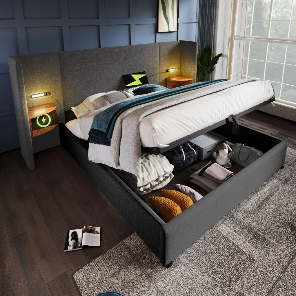 Letto matrimoniale 180x200 cm con contenitore; testiera con lampada da lettura; USB e Type-C; grigio