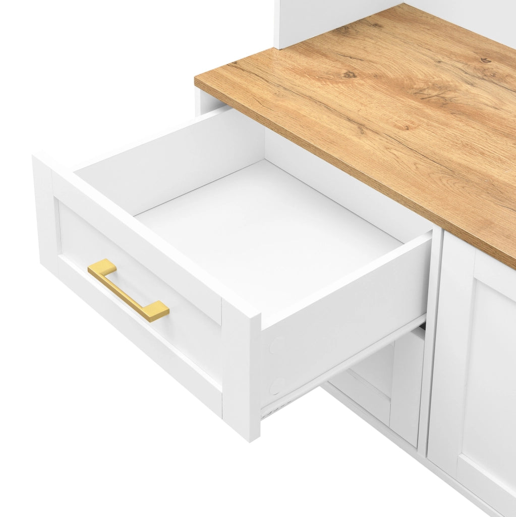 Mobile da ingresso 120x40x187 cm con LED, specchio, ganci e cassetti in MDF bianco e color legno
