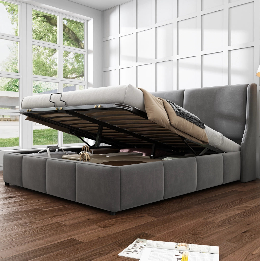 Letto matrimoniale con contenitore e testiera a orecchie 140x190 cm in velluto grigio