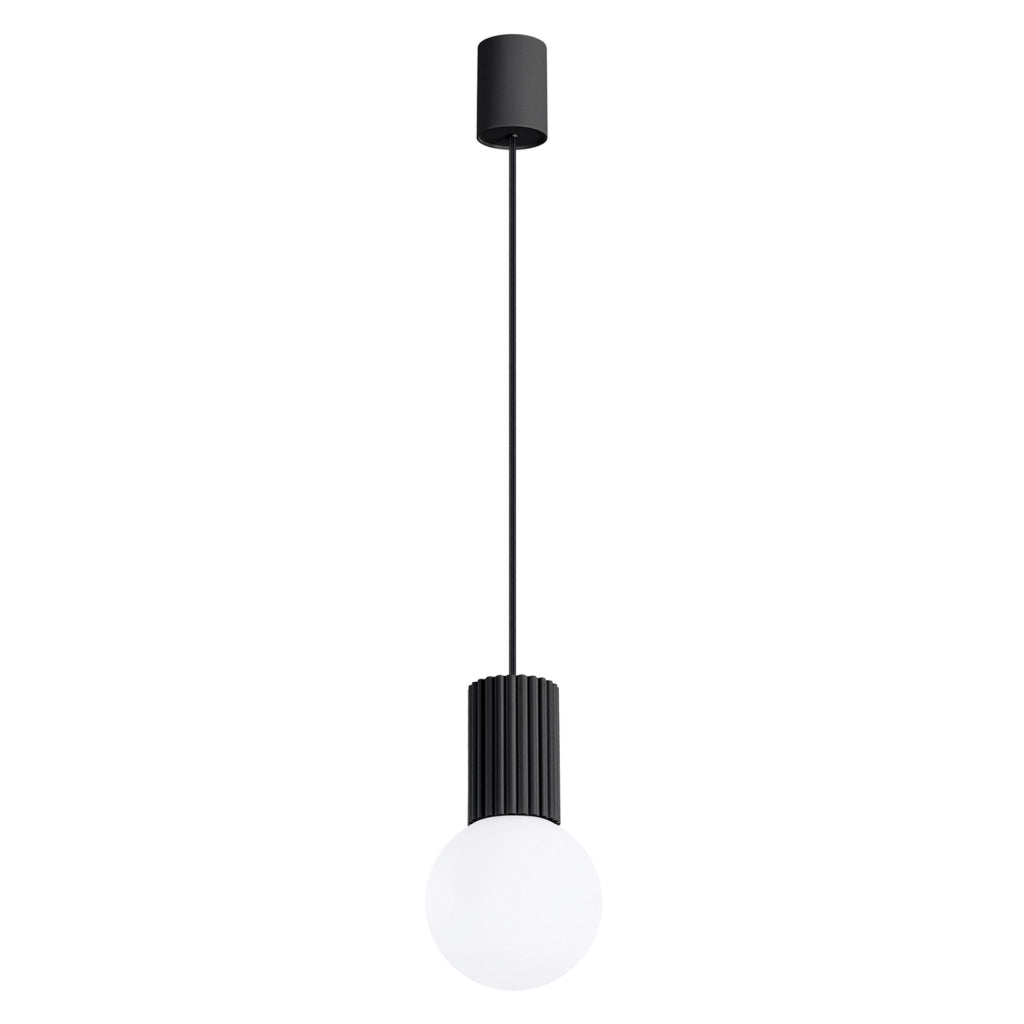 Lampada a sospensione nera, sfera bianca vetro rigato G9