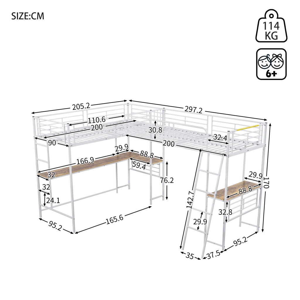 Letto a castello bianco con funzione scrivania in MDF e metallo 90x200 cm