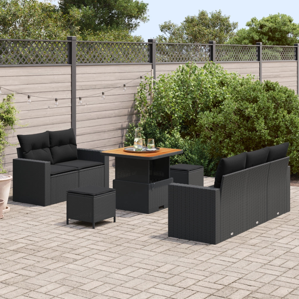 Set Divano da Giardino 8 Pezzi con Cuscini Rattan Polyrattan Nero Acacia