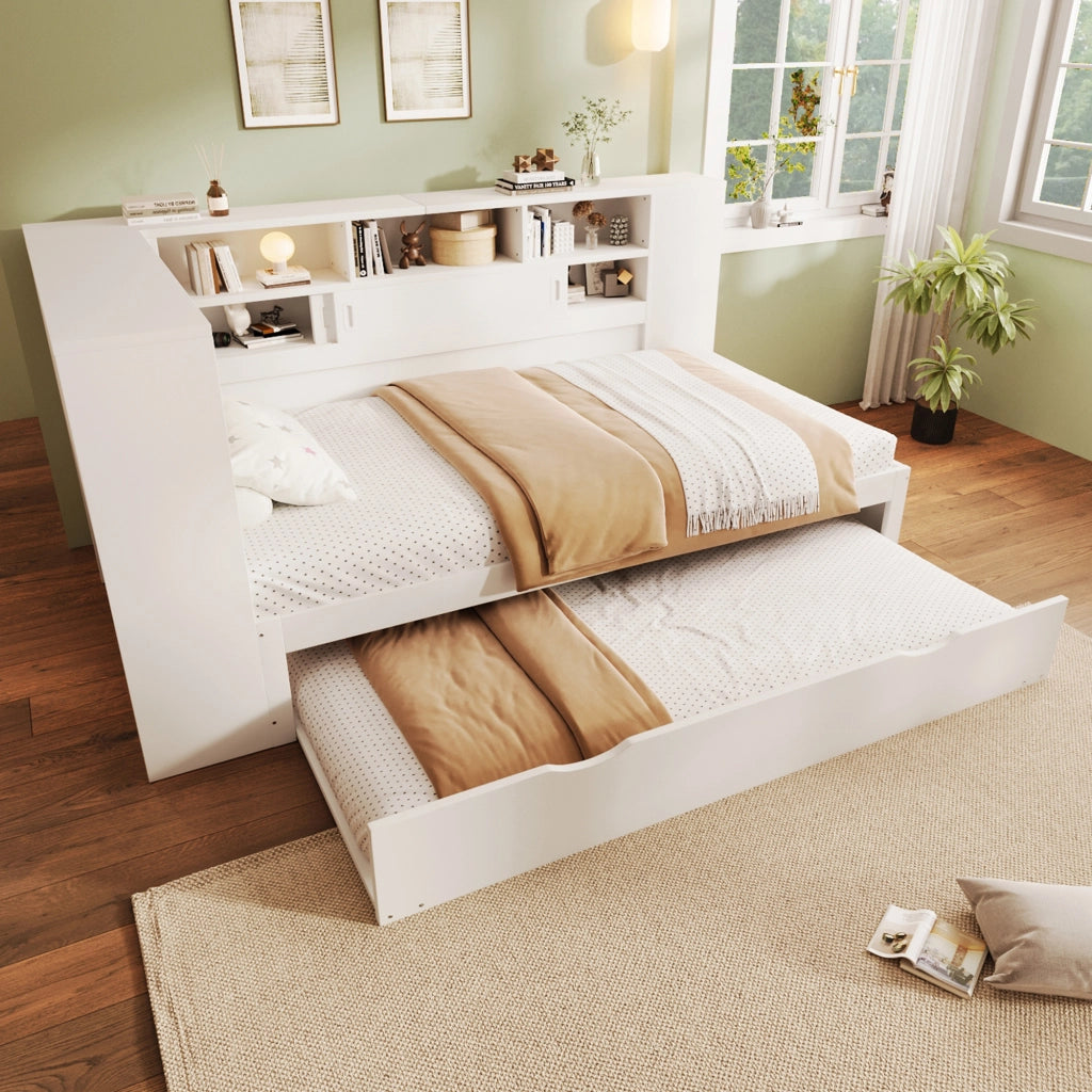 Letto singolo 90 × 200 cm con letto estraibile, contenitore con USB, senza materasso, bianco