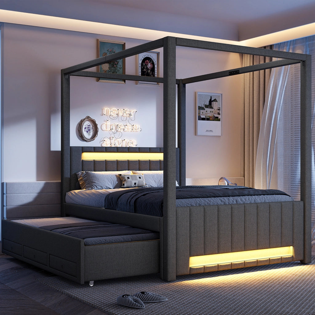 LETTO A BALDACCHINO 140x200 cm Grigio in lino e MDF con letto estraibile, cassetti e LED