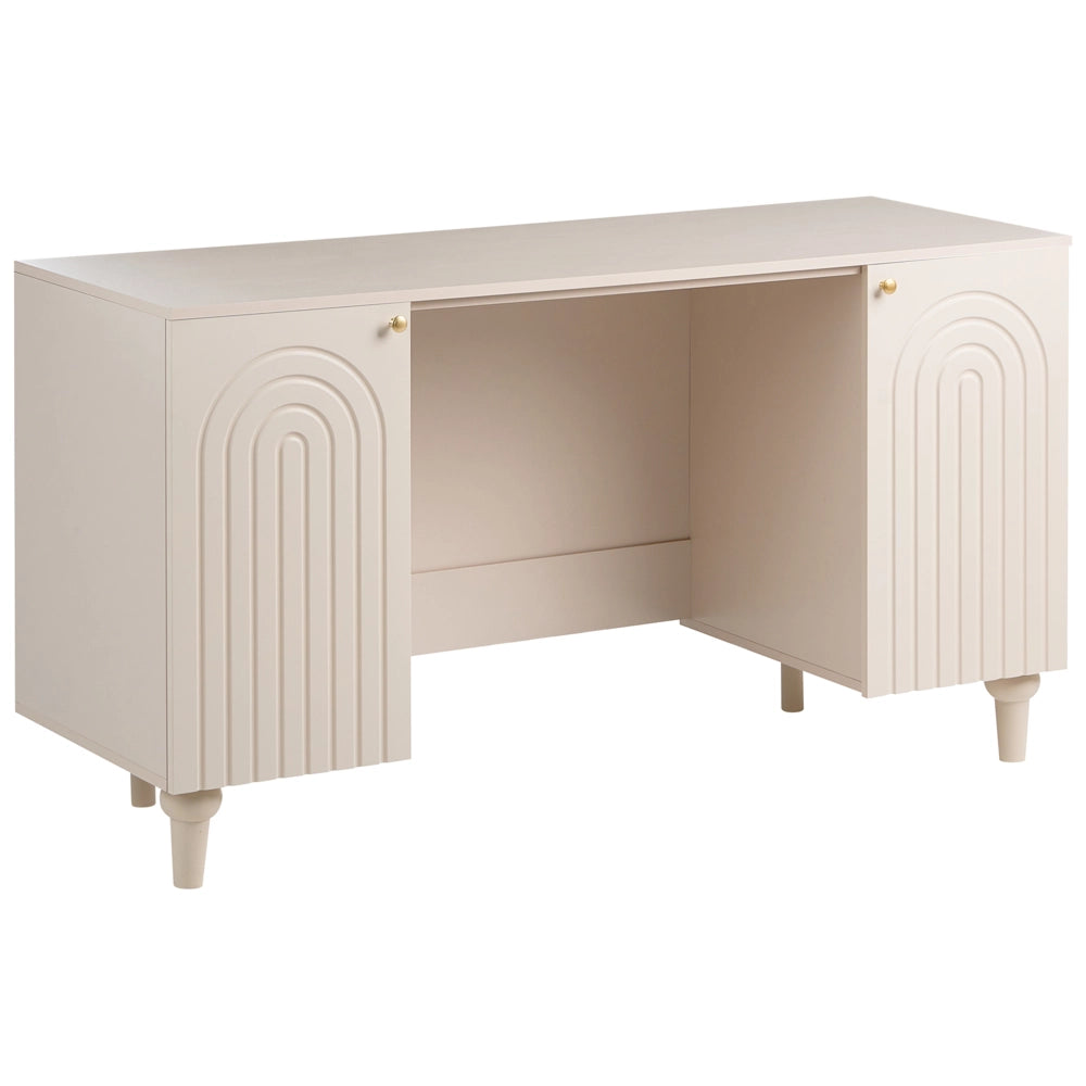 Scrivania da casa in MDF marrone chiaro 140 x 50 cm, ripiani aperti, capienza di contenimento, 2 ante, design scandinavo