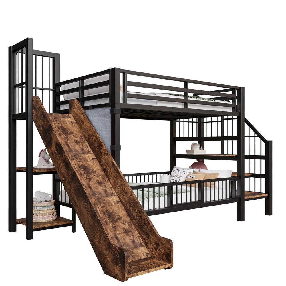 Letto a Soppalco per Bambini con Scivolo e Scala con Cassetti ¨C Xylo ¨C Metallo Nero 90x200
