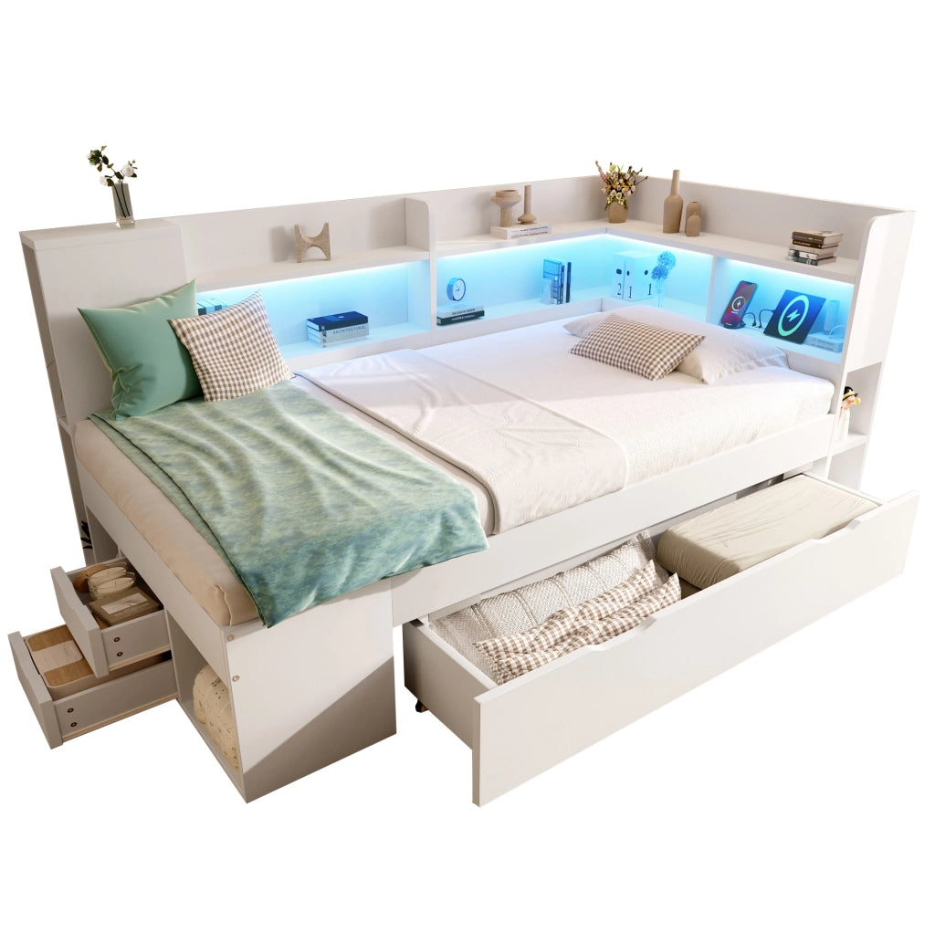 Letto una piazza con contenitore e LED 90x200 cm in legno bianco con USB e tipo C; con materasso