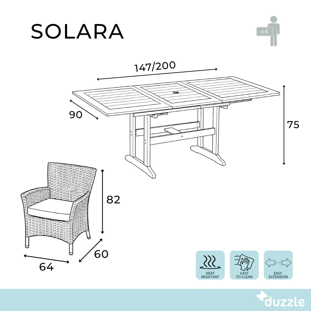 Set da esterno con 6 sedie e tavolo allungabile Solara in legno di Acacia-  Tav : 147/200cm ; Sed : 60cm x 64cm H. 82cm