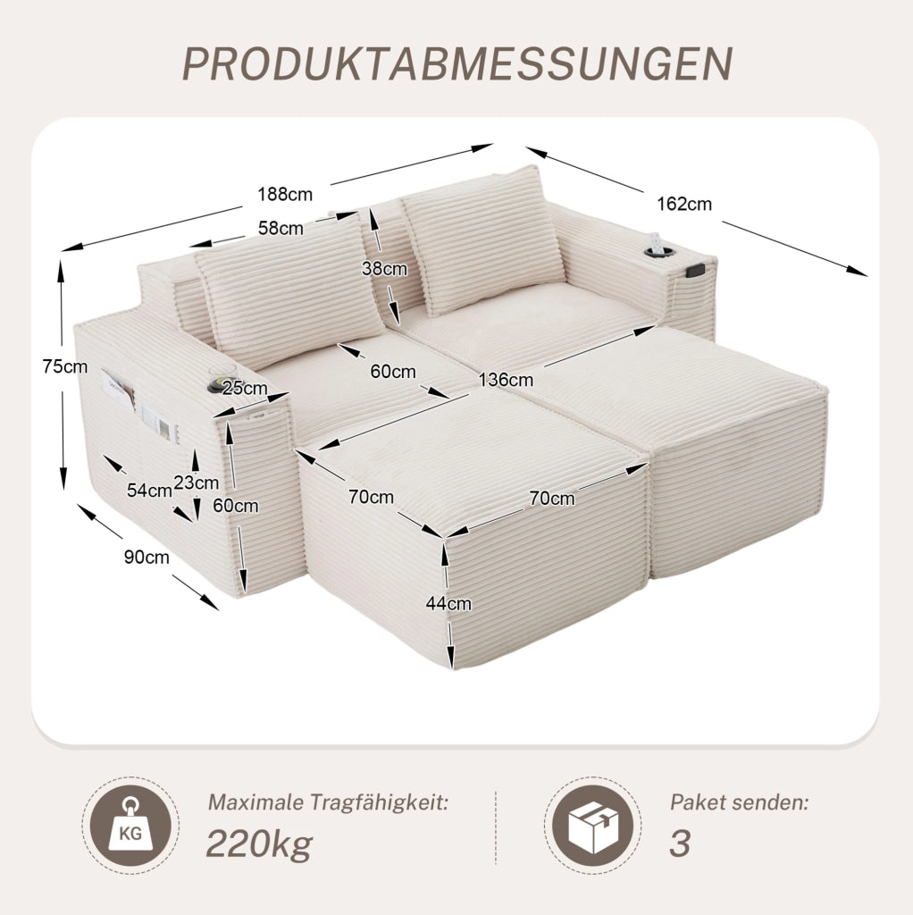 Divano modulare beige in velluto a coste con portabicchieri