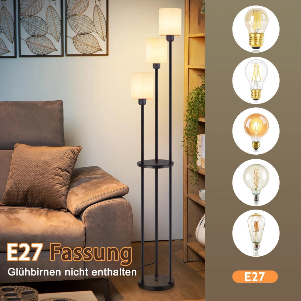 ZMH Lampada da terra nera bianca 3 fiamme E27 paralume tessuto vintage con ripiano 163cm