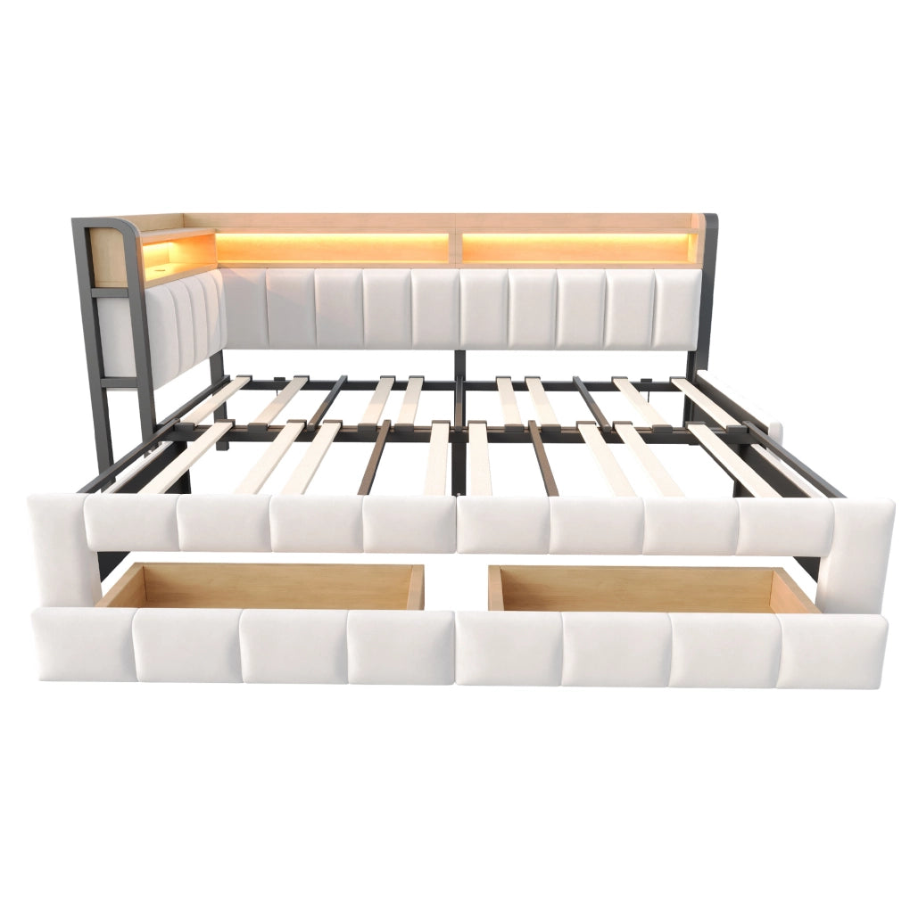 Divano letto imbottito con letto estraibile 90x200 cm; contenitore; LED; USB; beige