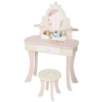 Set Toeletta con Specchio e Sgabello in Legno 2 in 1 per Bambini con 7 Accessori Inclusi, Rosa
