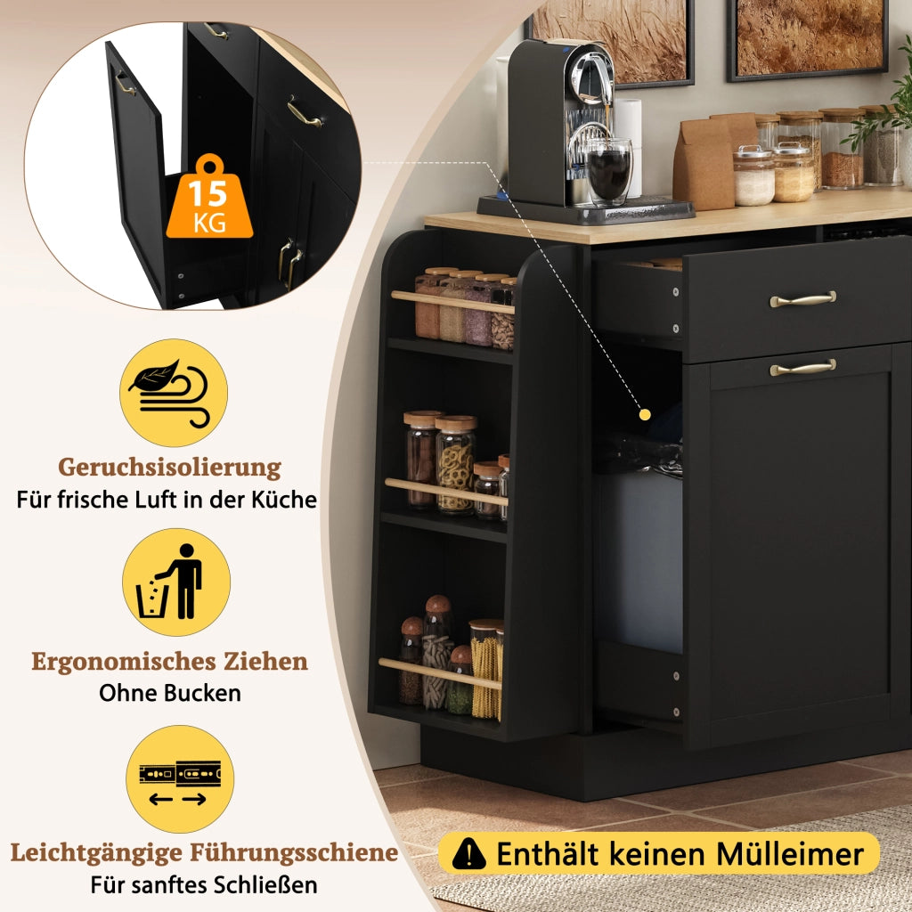 Credenza con vani aperti e vano rifiuti - per cucina - in MDF - 133.5×40×86 cm - nero