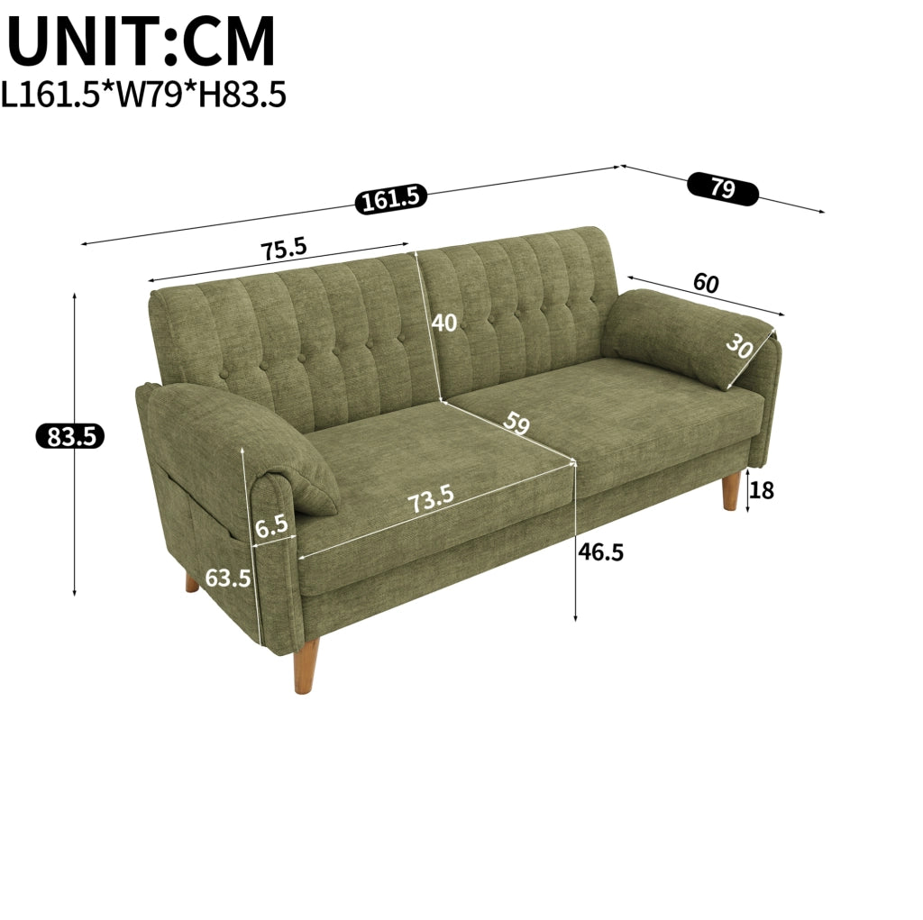Divano 2 posti in chenille verde 161;5x79x83;5 cm con tasche laterali e cuscini removibili