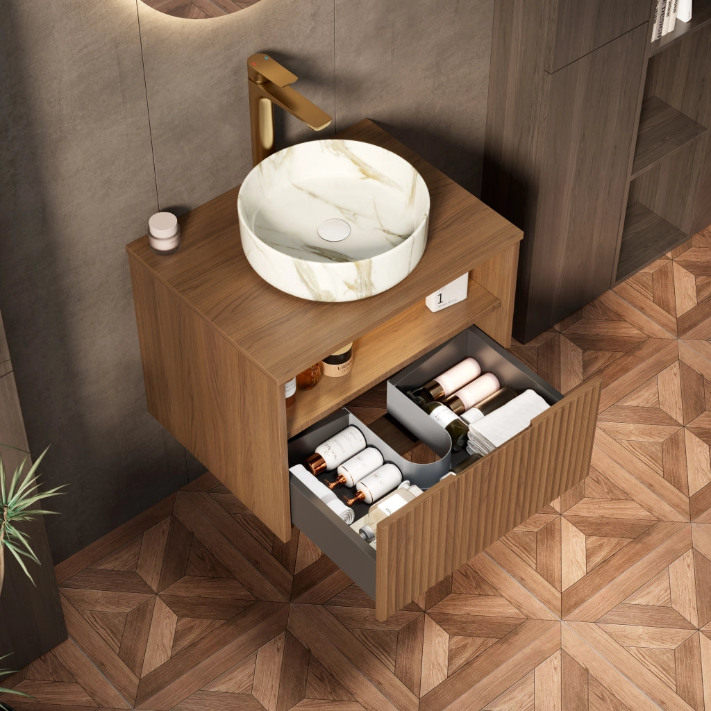 Mobile bagno sospeso con 1 cassetto e 1 vano aperto con lavabo in ceramica e luce LED per bagno 60×46×58.8 cm