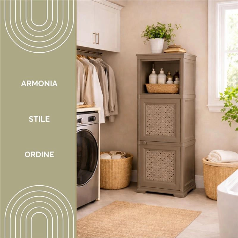 COLONNINA MISTA 3 MODULI 2 ANTE TRAFOR.MOBILE VERSATILE 3 MODULI WENGÉ 40X43X125 CM CON ANTA TRAFORATA E VANI A GIORNO – MOBILE MULTIUSO SALVASPAZIO PER CASA