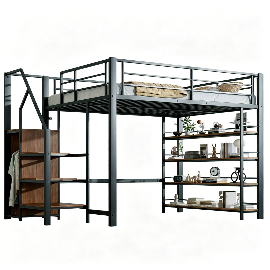 LETTO a soppalco 140x200 cm in metallo nero con scala contenitore e armadietto