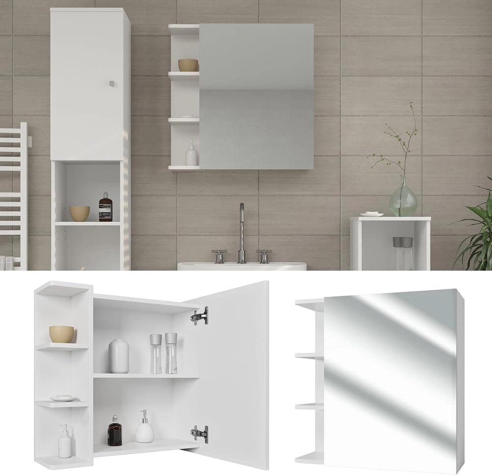 Specchio contenitore bagno Fynn, Bianco, 62 x 64 cm, per montaggio a parete con ripiani aperti