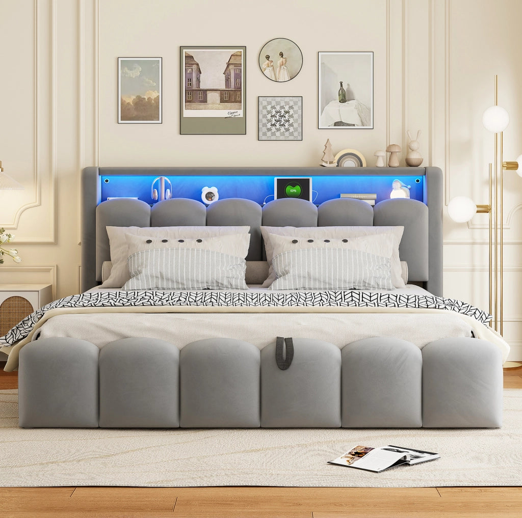 Letto imbottito 180x200 cm con contenitore; LED e porte USB in velluto grigio