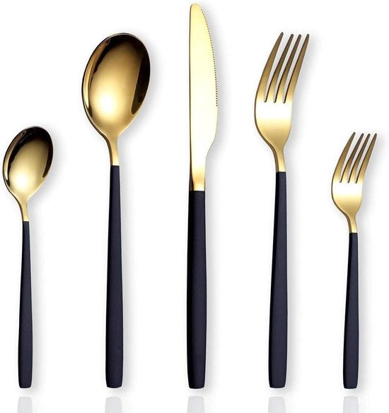 Set di posate in acciaio inox da 30 pezzi in oro e nero, idoneo per lavastoviglie