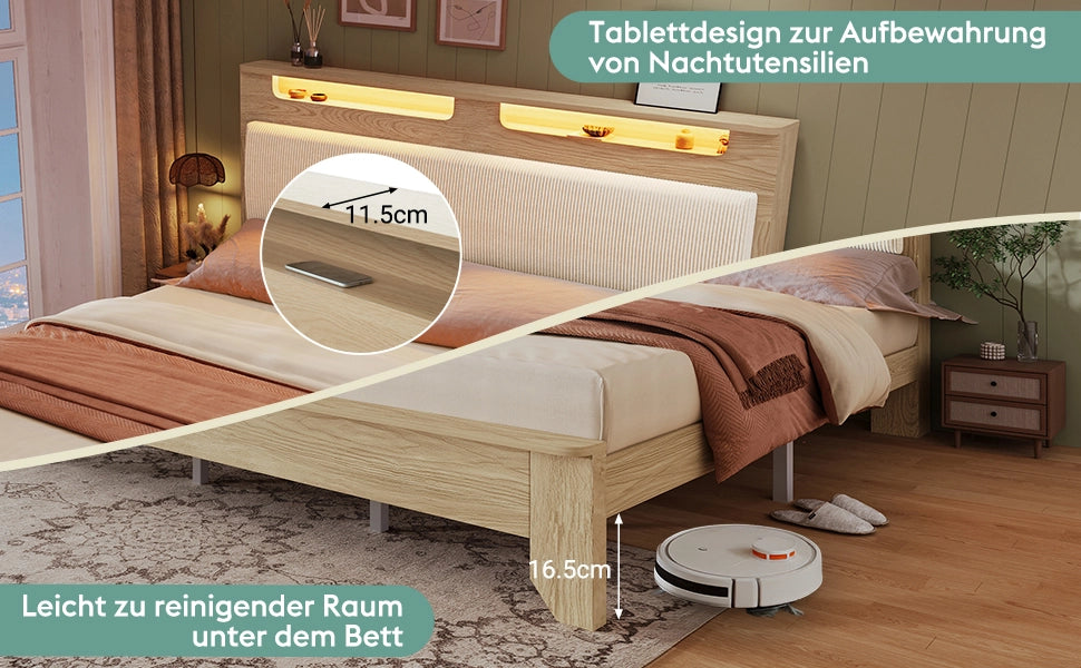 Letto Matrimoniale in Legno con LED e Contenitore ¨C MINIMAL ¨C Rovere Chiaro, Beige, 180x200