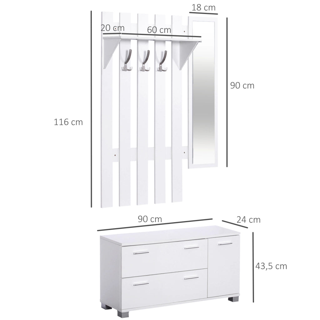 Mobile da Ingresso con Specchio e Appendiabiti ¨C Xylo ¨C Bianco con 3 Ganci 2 Cassetti