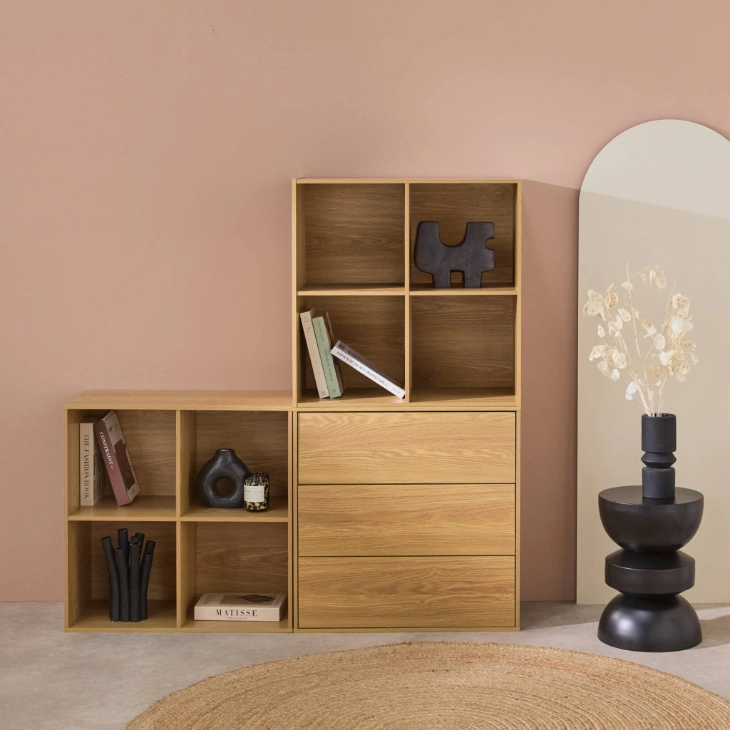 Libreria modulare in legno, 3 cassetti 8 vani, quercia
