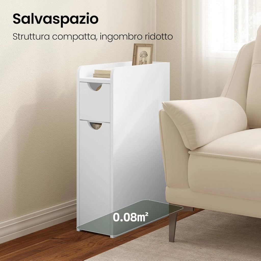 Mobile Bagno Stretto con 2 Cassetti, Mobiletto Compatto Salvaspazio, Armadietto Bagno Verticale, Multifunzionale con Ripiano Aperto, Bianco