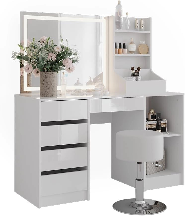 Tavolo da toeletta Sherry, Bianco/bianco lucido, 128.2 cm 4 parti