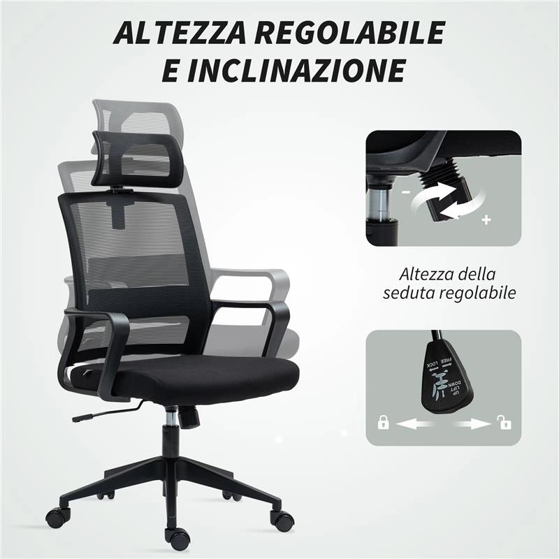 SEDIA DA UFFICIO ERGONOMICA CON POGGIATESTA E ALTEZZA REGOLABILI FUNZIONE DONDOLO E RUOTE NERO