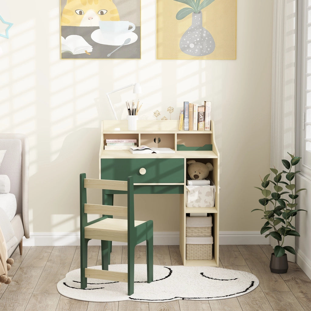 Scrivania per bambini con sedia, scaffale e cassetto ¨C ZephMum ¨C Verde 90x50x75 cm