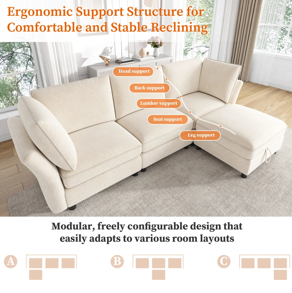 Divano modulare ad angolo a L con pouf contenitore, tessuto chenille beige, 4 posti, con 2 cuscini bracciolo