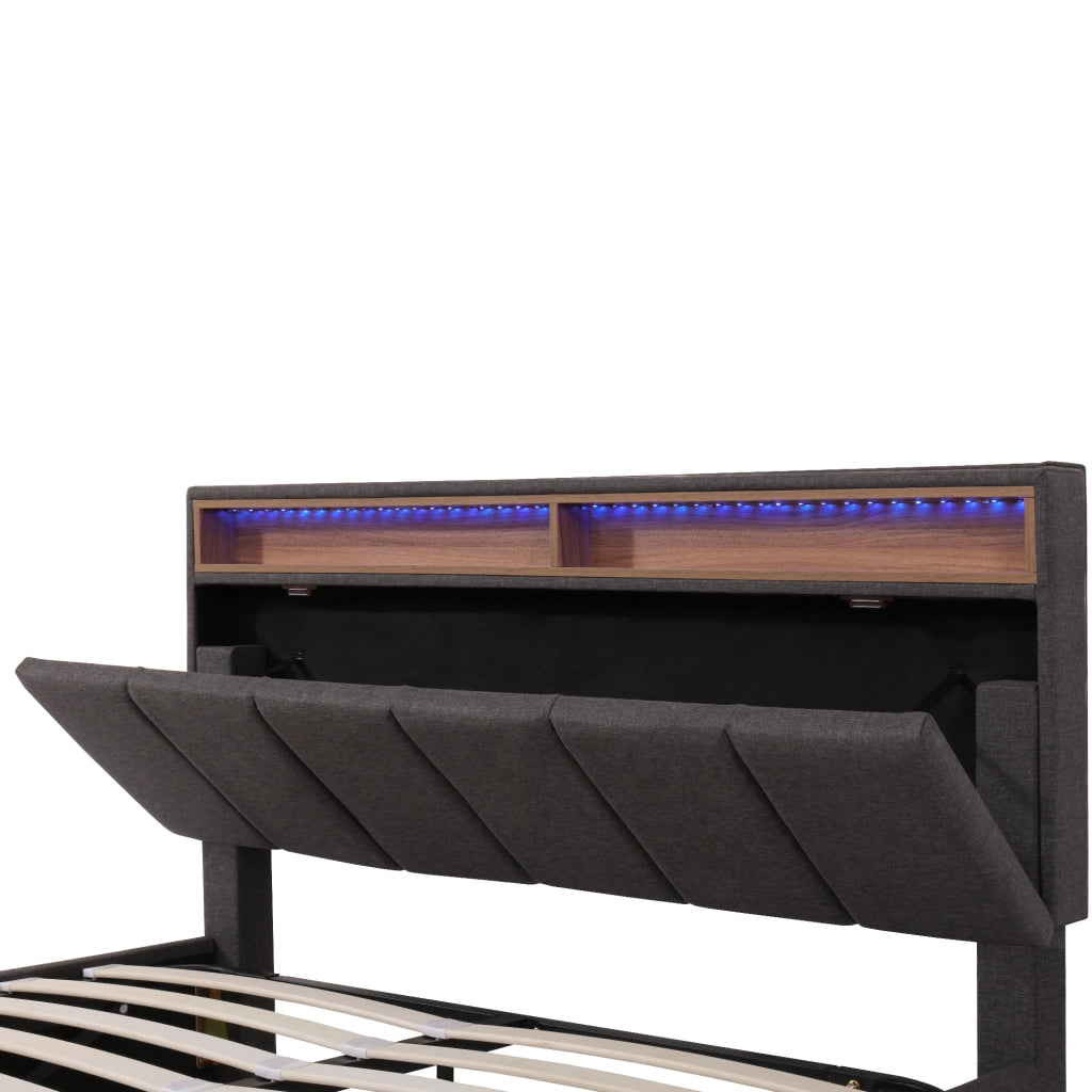 OKWISH Letto Contenitore 140×200 cm, Letto Matrimoniale con LED Regolabile, Vano Contenitore e Cassetti e Scomparti, senza Materasso, Lino, Grigio